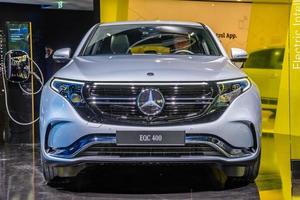 FRANKFURT, GERMANY - SEPT 2019 silver MERCEDES-BENZ EQC 400 N293 is a fully-electric compact luxury SUV, IAA International Motor Show Auto Exhibtion photo