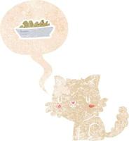 cartoon cat and food and speech bubble in retro textured style vector