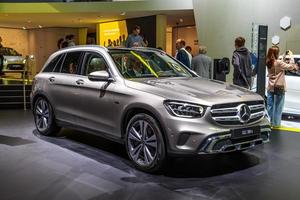 FRANKFURT, GERMANY - SEPT 2019 silver gray MERCEDES-BENZ GLC 300 E 4MATIC electric SUV, IAA International Motor Show Auto Exhibtion photo