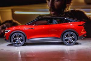 FRANKFURT, GERMANY - SEPT 2019 red VOLKSWAGEN VW I.D. CROZZ is an electric SUV concept car based on Volkswagen's electric MEB platform, IAA International Motor Show Auto Exhibtion photo