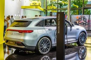 FRANKFURT, GERMANY - SEPT 2019 silver MERCEDES-BENZ EQC 400 N293 is a fully-electric compact luxury SUV, IAA International Motor Show Auto Exhibtion photo