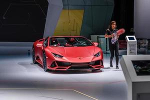 FRANKFURT, GERMANY - SEPT 2019 pink cabrio sports car LAMBORGHINI HURACAN SPYDER, IAA International Motor Show Auto Exhibtion photo