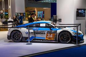 FRANKFURT, GERMANY - SEPT 2019 blue white AUDI R8 racing sport car GT, IAA International Motor Show Auto Exhibtion photo