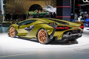 FRANKFURT, GERMANY - SEPT 2019 yellow golden LAMBORGHINI SIAN FKP 37 is a mid-engine hybrid sports car. It is the first hybrid production vehicle produced by the brand, IAA International Motor Show Au photo