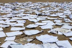 Scraps of old square paper from many notebooks are scattered on the concrete floor to dry. photo