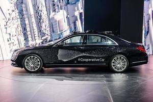 FRANKFURT, GERMANY - SEPT 2019 black MERCEDES-BENZ S CLASS COOPERATIVE CAR autnomous selfdriving electric car, IAA International Motor Show Auto Exhibtion photo