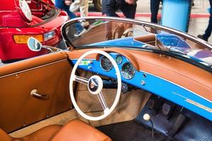 FRIEDRICHSHAFEN - MAY 2019 orange interior of blue PORSCHE 356 1948 cabrio at Motorworld Classics Bodensee on May 11, 2019 in Friedrichshafen, Germany photo