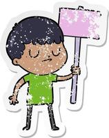 distressed sticker of a cartoon grumpy boy with placard vector
