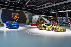 FRANKFURT, GERMANY - SEPT 2019 yellow golden LAMBORGHINI SIAN FKP 37 is a mid-engine hybrid sports car. It is the first hybrid production vehicle produced by the brand, IAA International Motor Show Au photo