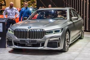 FRANKFURT, GERMANY - SEPT 2019 silver BMW 7 7er G12 G11 Long Version business sedan, IAA International Motor Show Auto Exhibtion photo