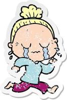 distressed sticker of a cartoon crying old lady vector