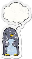 cartoon penguin and thought bubble as a distressed worn sticker vector