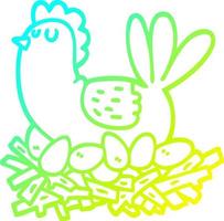 cold gradient line drawing cartoon chicken on nest of eggs vector