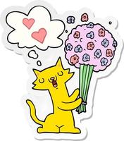 cartoon cat in love with flowers and thought bubble as a printed sticker vector