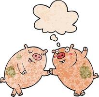 cartoon pigs dancing and thought bubble in grunge texture pattern style vector