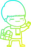 cold gradient line drawing cartoon smug boy carrying present vector