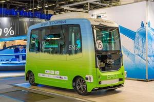 FRANKFURT, GERMANY - SEPT 2019 green blue EASYMILE EZ10 a battery-powered autonomous electric bus designed and marketed by EasyMile, IAA International Motor Show Auto Exhibtion photo