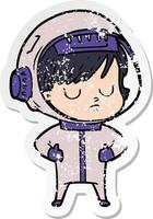 distressed sticker of a cartoon astronaut woman vector