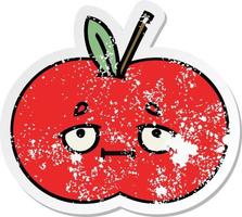 pegatina angustiada de una linda manzana roja de dibujos animados vector