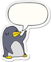 pingüino de dibujos animados y etiqueta engomada de la burbuja del discurso vector
