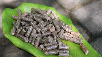 Wood pellets piled on slightly dry leaves photo