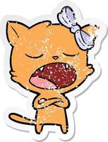 distressed sticker of a cartoon yawning cat vector