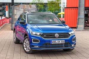 FRANKFURT, GERMANY - SEPT 2019 blue VOLKSWAGEN VW T-ROC SUV, IAA International Motor Show Auto Exhibtion photo