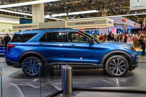 FRANKFURT, GERMANY - SEPT 2019 blue FORD EXPLORER plug-in-hybrid SUV, IAA International Motor Show Auto Exhibtion photo