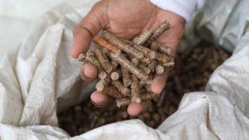 Hand of a grown man holding a wood pellet photo