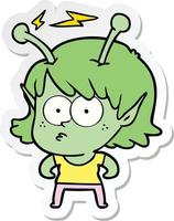 sticker of a cartoon alien girl vector