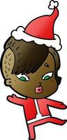 gradient cartoon of a surprised girl in science fiction clothes wearing santa hat vector