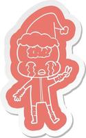cartoon  sticker of a big brain alien crying and giving peace sign wearing santa hat