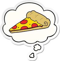 cartoon pizza slice and thought bubble as a printed sticker vector