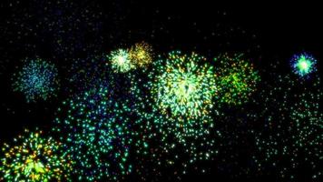 concept f6 visie van de realistisch vuurwerk in nacht lucht met willekeurig patroon explosie vonken animatie en kleur verandering video