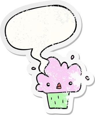 cartoon cupcake and speech bubble distressed sticker