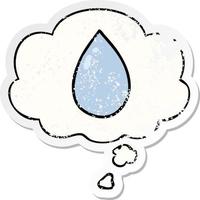 cartoon water droplet and thought bubble as a distressed worn sticker vector