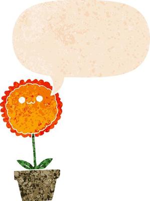 cartoon flower and speech bubble in retro textured style