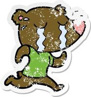 distressed sticker of a cartoon crying bear running vector
