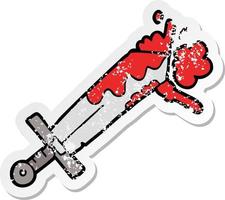 distressed sticker of a bloody cartoon sword vector