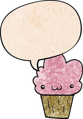 cartoon cupcake and face and speech bubble in retro texture style