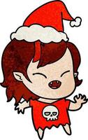 textured cartoon of a laughing vampire girl wearing santa hat