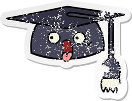 distressed sticker of a cute cartoon graduation hat vector