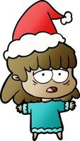 gradient cartoon of a tired woman wearing santa hat