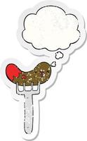 cartoon sausage and fork and thought bubble as a distressed worn sticker vector