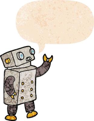 cartoon robot and speech bubble in retro textured style