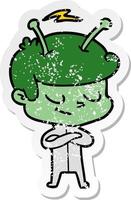 distressed sticker of a friendly cartoon spaceman vector