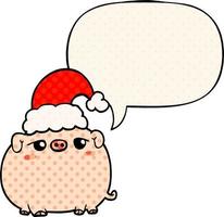 cartoon pig wearing christmas hat and speech bubble in comic book style