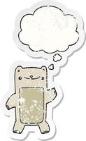 cartoon teddy bear and thought bubble as a distressed worn sticker vector