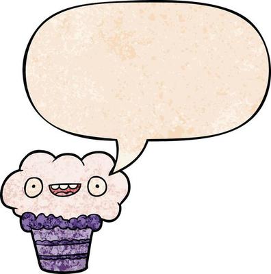 funny cartoon cupcake and speech bubble in retro texture style