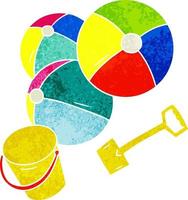 retro cartoon doodle beach balls with a bucket and spade vector